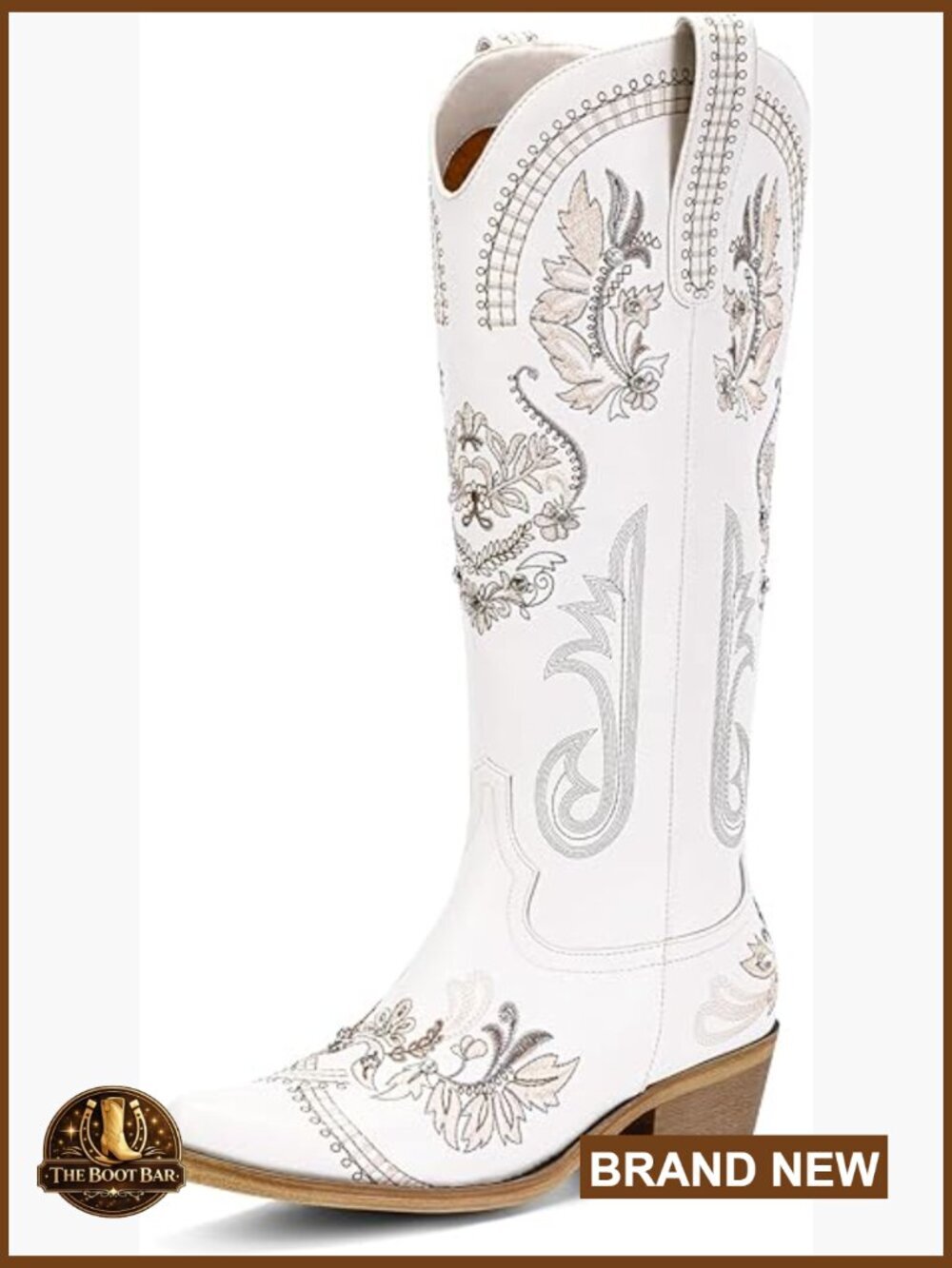 Knee High Cowboy Boots with Rhinestones Embroidery Pointed Toe Chunky Heel Zip
